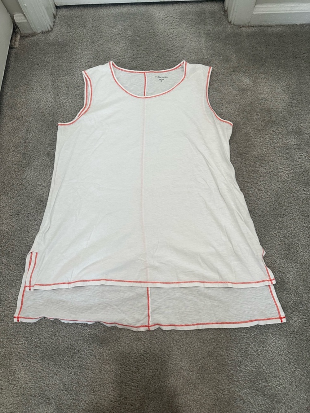 Eileen Fisher Cotton High-Low Tank in White with Coral Stitching Size Large